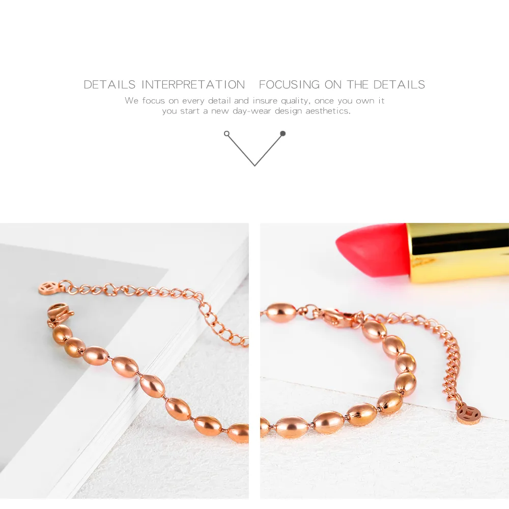 Regalo di amicizia Bracciale con perline in acciaio inossidabile oro rosa con chiusura a moschettone, lunghezza 150 mm + catena di estensione 50 mm