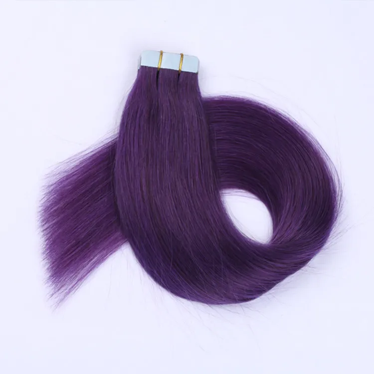 skin weft human remy hair pu tape in hair extensions purple color peruvian straight wave hair 1426 inch 