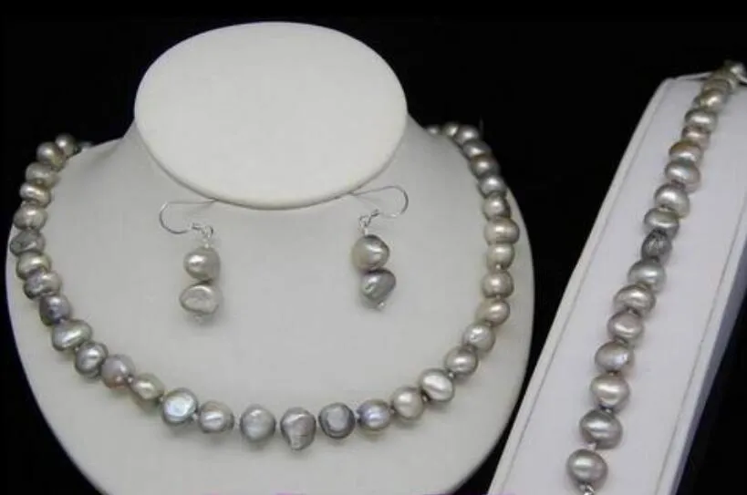 9mm charmant naturel gris perle d'eau douce baroque colliers Bracelet boucle d'oreille ensemble