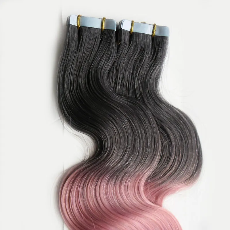 T1b / rosa ombre tejp i mänskliga hårförlängningar 100g Skin Weft Virgin Body Wave Tape lim för tejp hårförlängningar