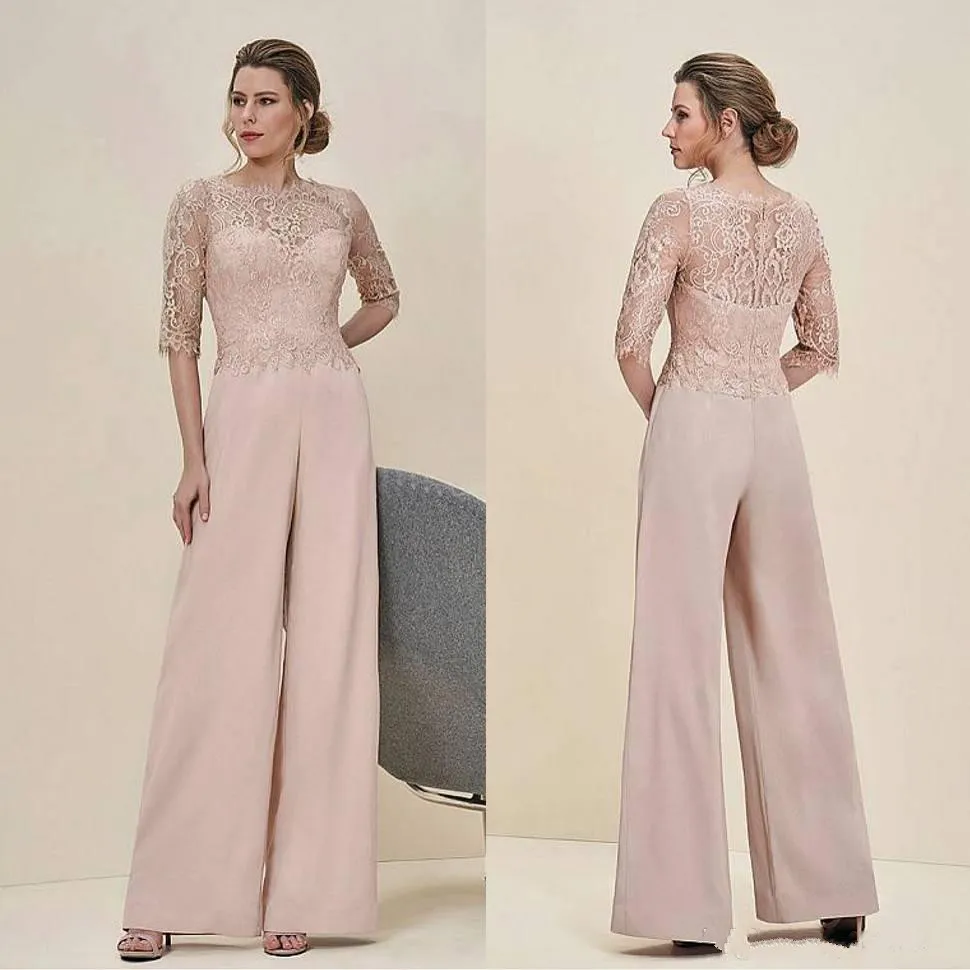 Jumpsuits Lace Mother of The Bride Pant Suits Bateau Neck Blush Pink Wedding Guest Dress Chiffon Plus Size Mothers Groom Dresses