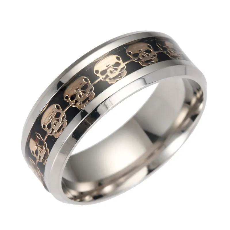 Anillos de moda para hombre, regalo, joyería para hombre, nunca se decolora, anillo de calavera de acero inoxidable, relleno de oro, patrón de esqueleto negro azul, motorista para hombre