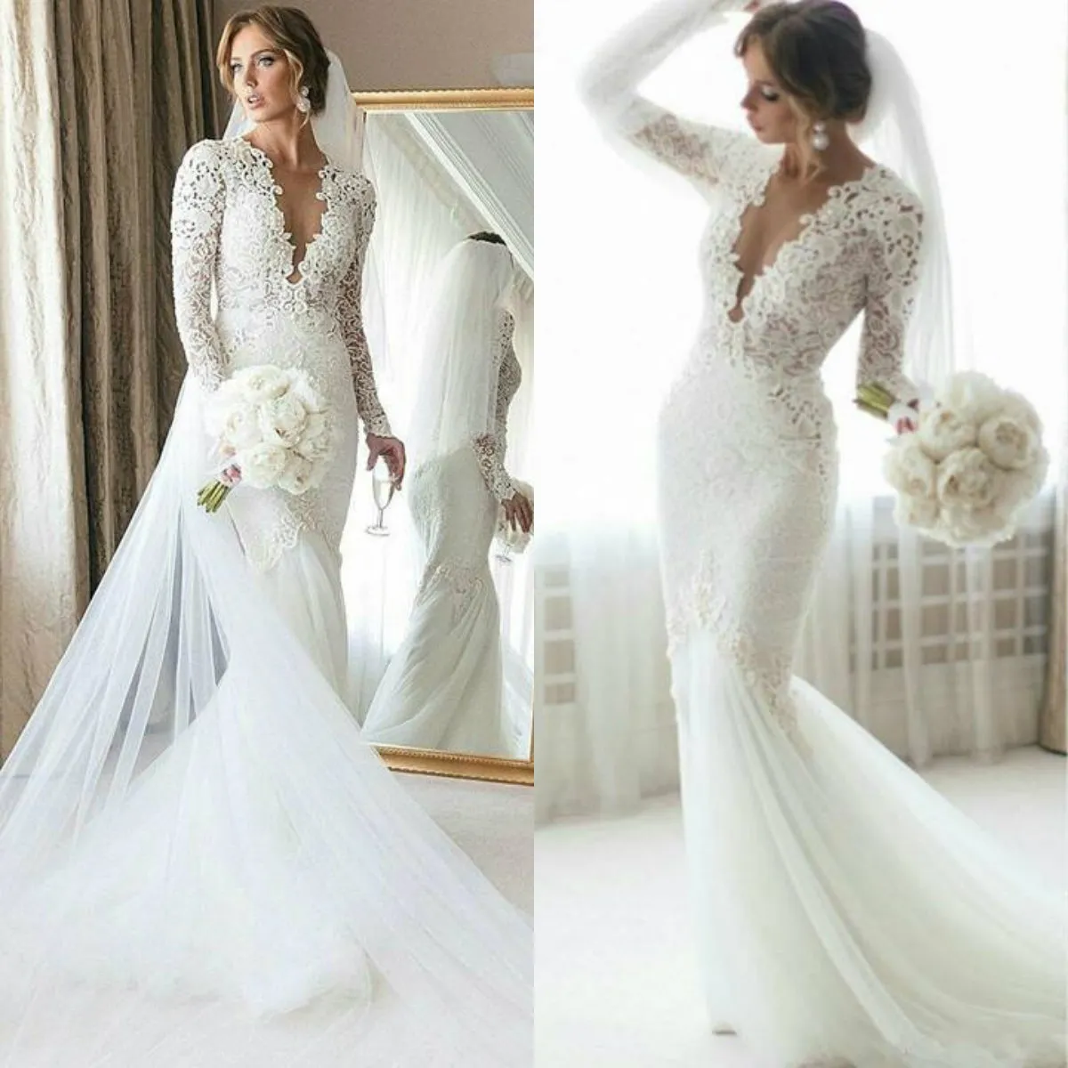 Chic Spring Mermaid Wedding Dress Sexy Deep V Neck Lace Applique Long Sleeves Sweep Train Tulle Bridal Gowns Plus Size Wedding Dresses