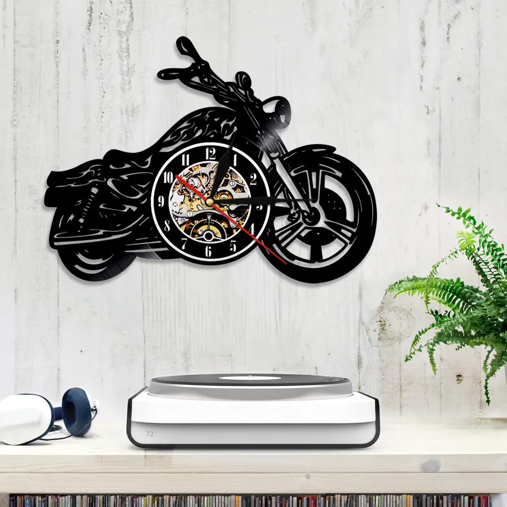1 stycke Motorcykel Vinyl Record Wall Clock Motorcykel Art Decor Time Clock Motorcykel Väggkonstdekor gåva för motorcykel Rider9368257
