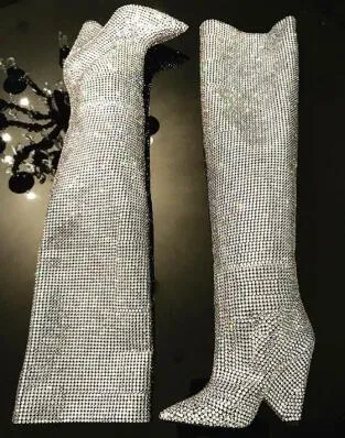 2018 super hete luxe kristallen vrouwen over de knie laarzen sexy puntige teen dames vinger hoge hak laarzen mode ridder laarzen