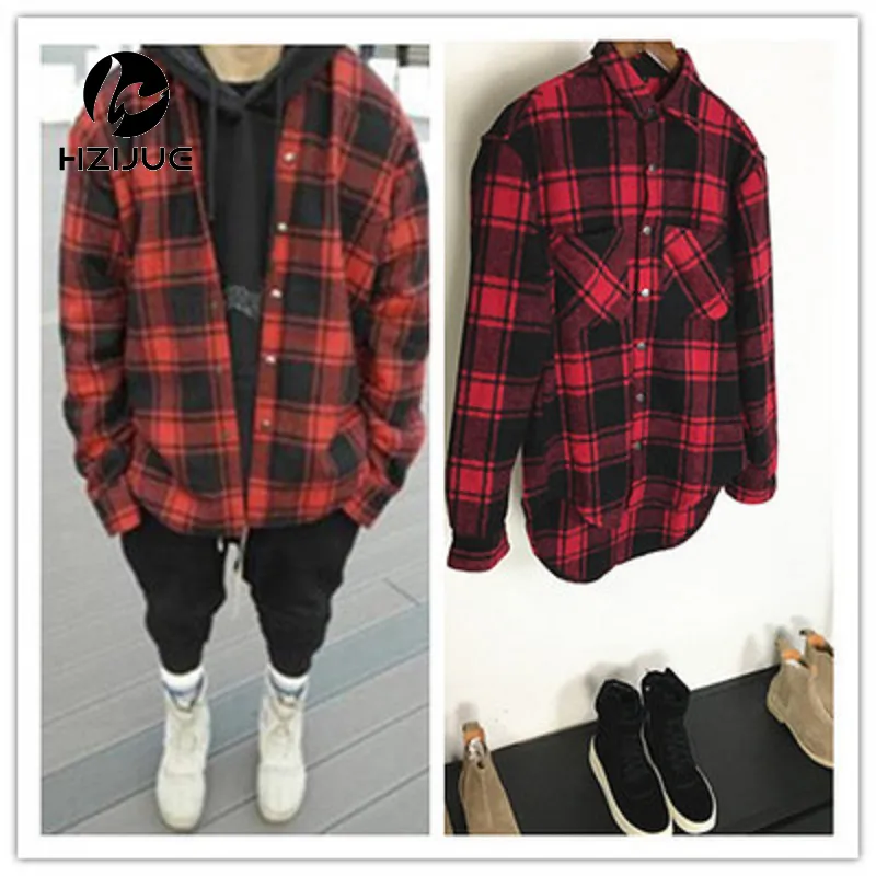 Höst Vinter Tjock Flannel Långärmad Plädskjorta Män och Kvinnor Cirmarc Oversize Sweep Plaid Low-High Shirt Man US Storlek