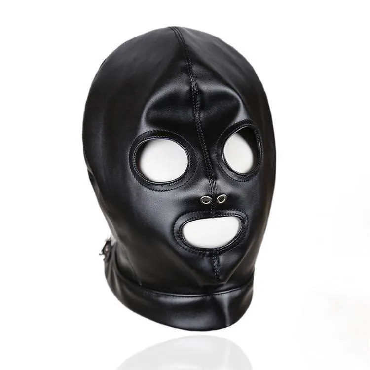 Bondage Quality Soft PU Läder Andas Mask Hood Open Mouth Eyes Wet Look # Q76