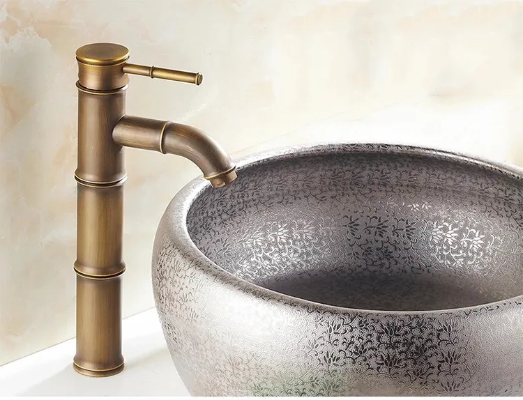 Grifo de baño de bambú antiguo, acabado en bronce, lavabo, grifo de agua, manija única 276N