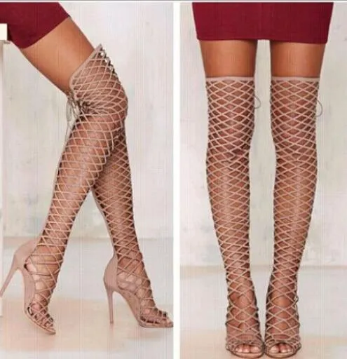 2018 Vendita calda sexy Stivali estivi donna stile europeo tagliati sandali con tacco alto alla coscia T-mostrati sopra gli stivali al ginocchio Scarpe da donna con tacco