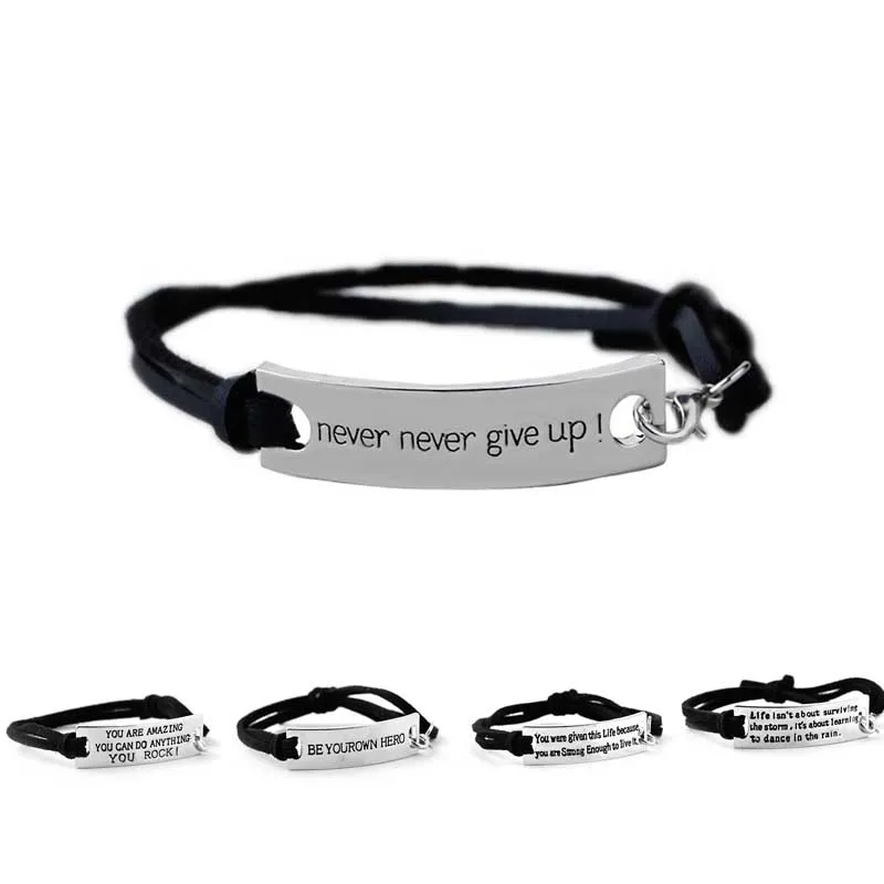 Citazione Never Never Give Up Bracciale Lettera Id Tag Bracciali Polsini in pelle per gioielli da donna per bambini