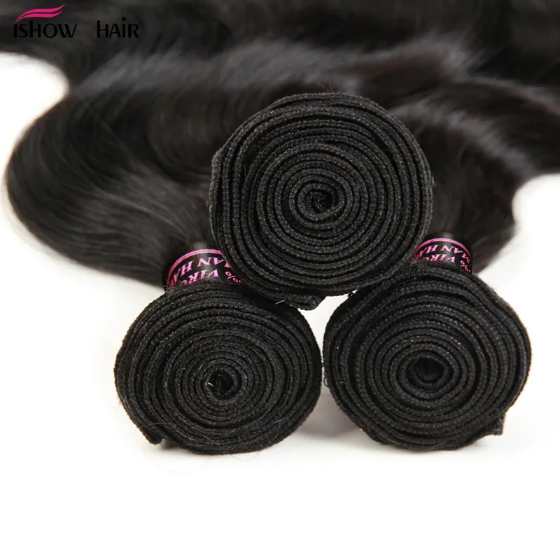 ISHOW 8Aブラジルボディウェーブ人間の髪3束卸売ペルーインド人マレーシアの髪織り女性女の子のためのextensionsすべての年齢の自然な黒い色