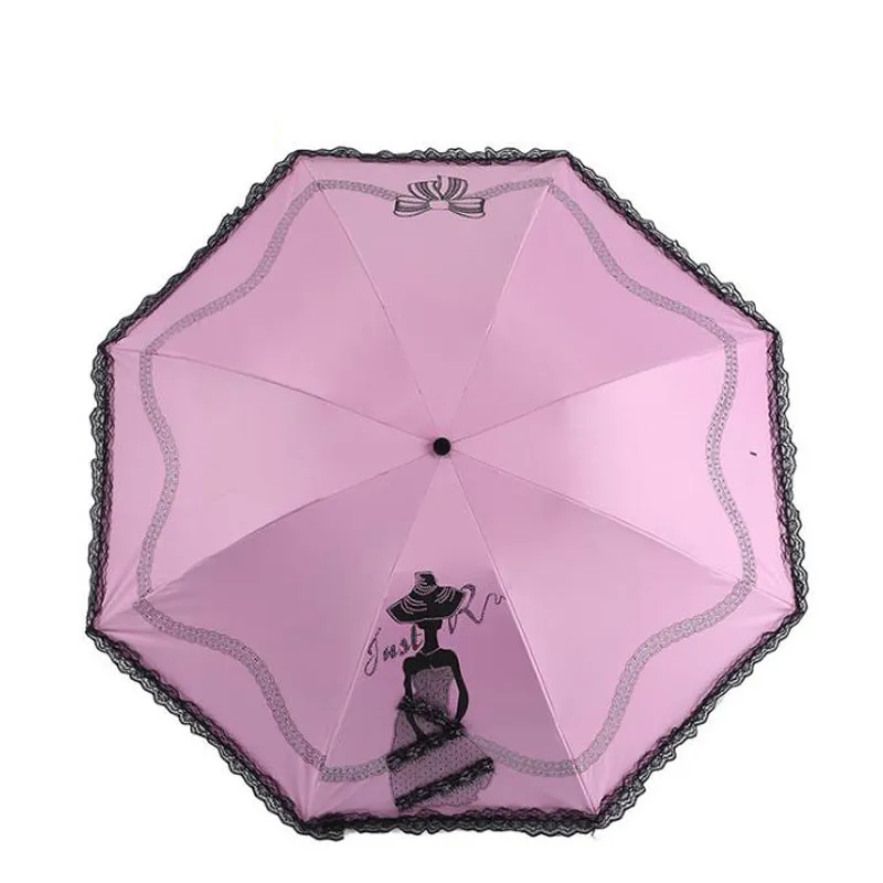 Tragbare Falten Anti-Uv Spitze Regenschirm Frauen Prinzessin Weibliche Sonne Regen Regenschirme Schwarz Kleber Kostenloser Versand ZA6653