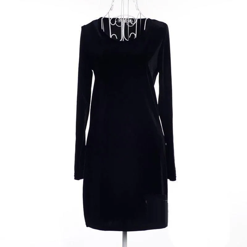 2018 New Spring Fashion Women Dress Velvet Full Long Sleeves Empire O-neck Cute Comfortable A-line Solid Slim Black Dress