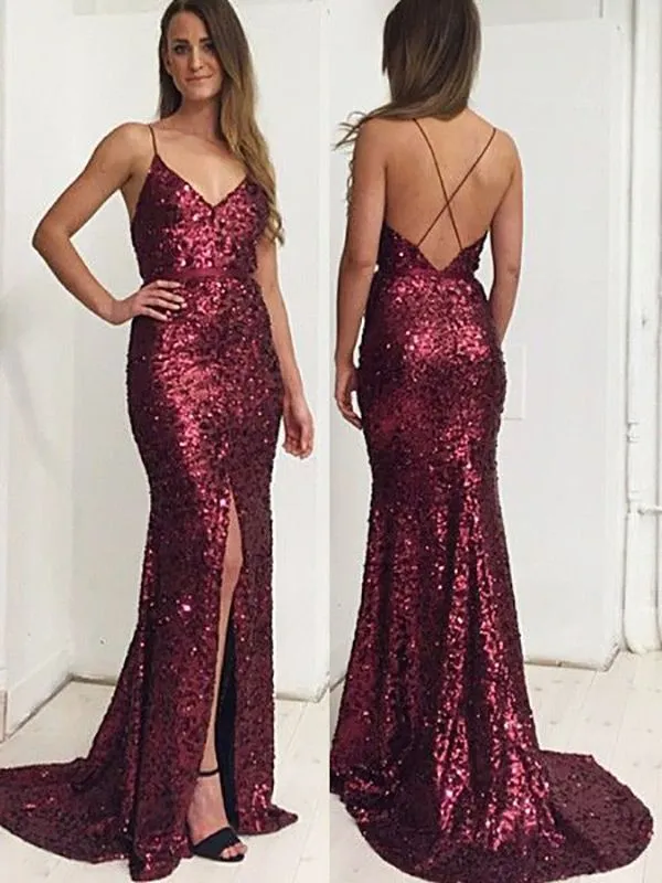 Abiti da ballo a sirena con paillettes bordeaux 2018 Abiti da sera lunghi con scollo a V spaghetti sexy Abiti da sera incrociati con spacco senza schienale nero Ragazza elegante