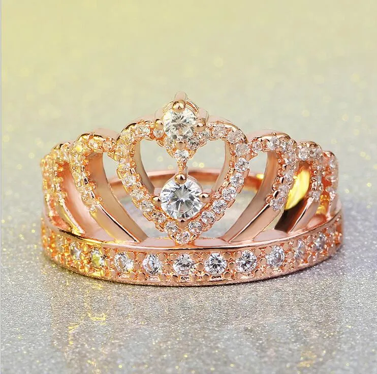 Klassischer Luxusschmuck, Kronen-Ehering für Damen, 925er Sterlingsilber, Roségold gefüllt, weißer Saphir, CZ-Diamant, Fingerringe, Geschenk