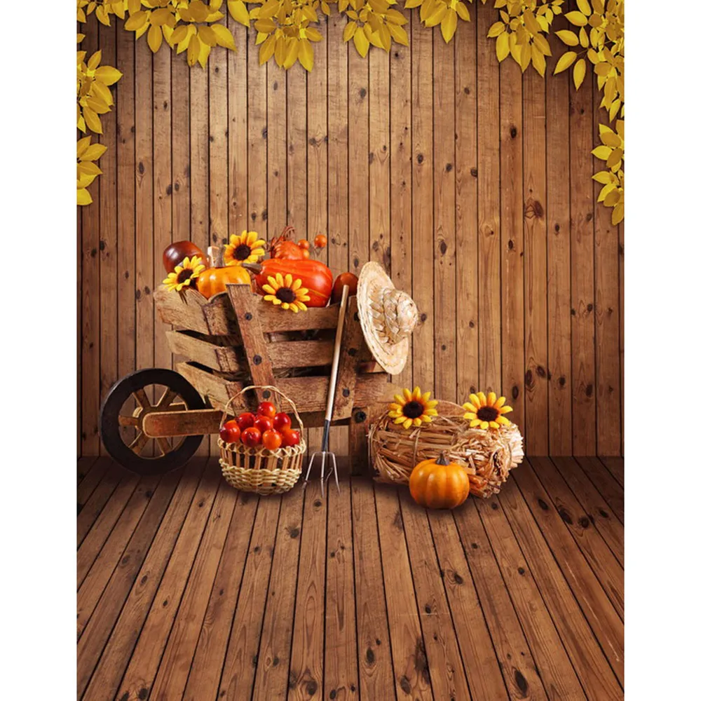 Wooden Wall and Floor Halloween Backdrop Vintage Printed Trolley Fruits Sunflowers Pumpkin Baby Kids Photo Studio Backgrounds