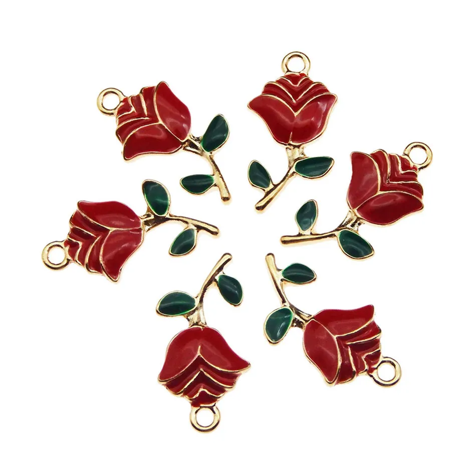 Wholesale Gold Color Enamel Red Alloy Grace Rose Look Charms Handmade Pendant DIY Fashion Necklace Jewelry Findings