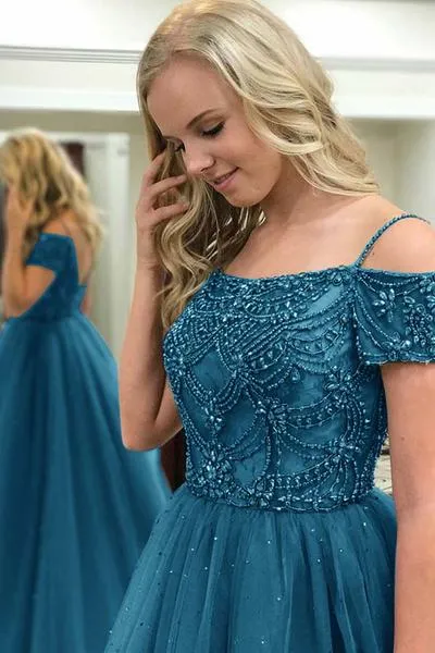 Vintage Teal Blue Ball Gown 2018 Prom Dress Spaghetti Tulle Beaded Puffy Long Evening Gowns Sexy Backless Elegant Plus Size Formal Party