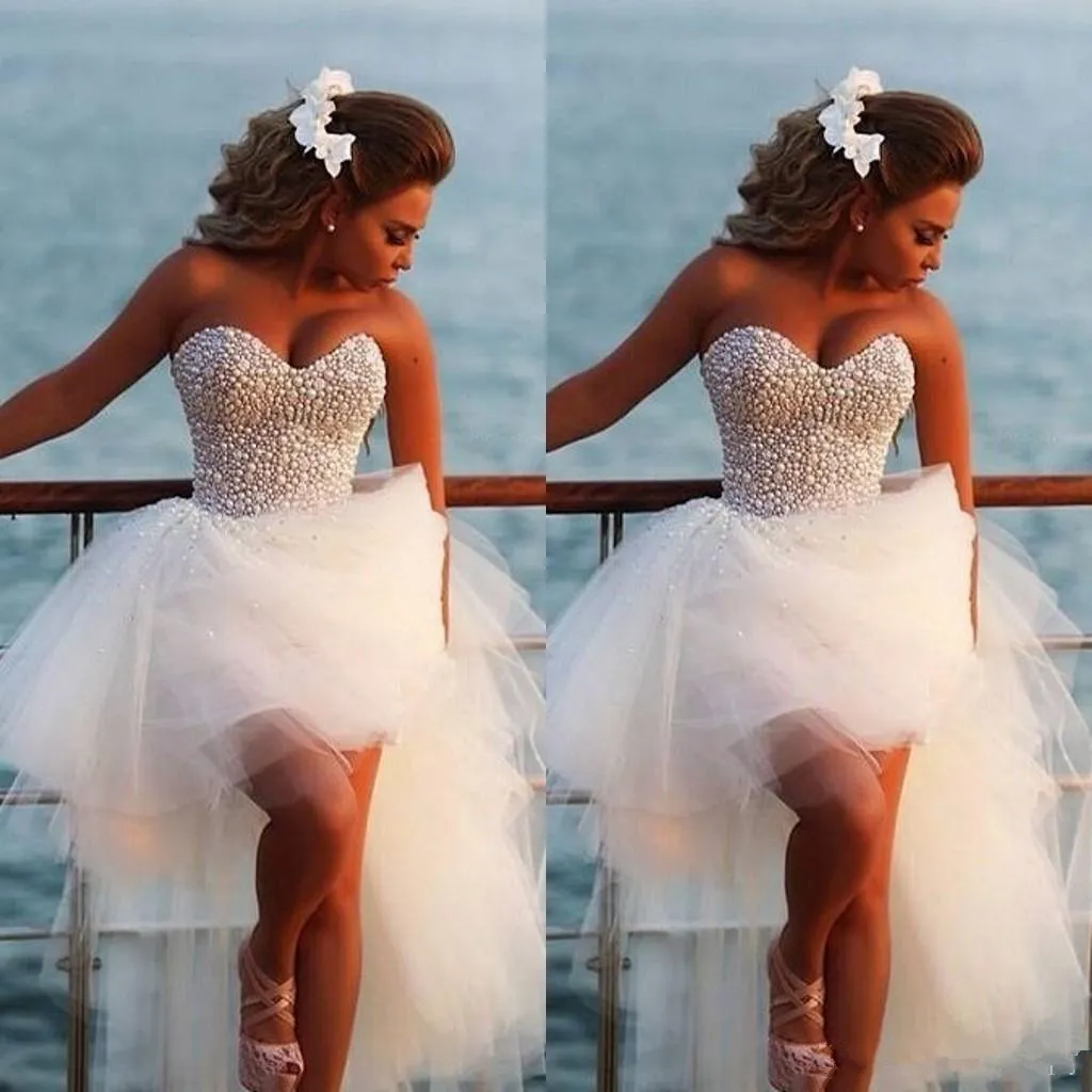 New Style Sweetheart Bling Short Puffy Prom Party Dressess Short Front Long Back Party Gowns Pearls White High Low Prom Dresses DH818