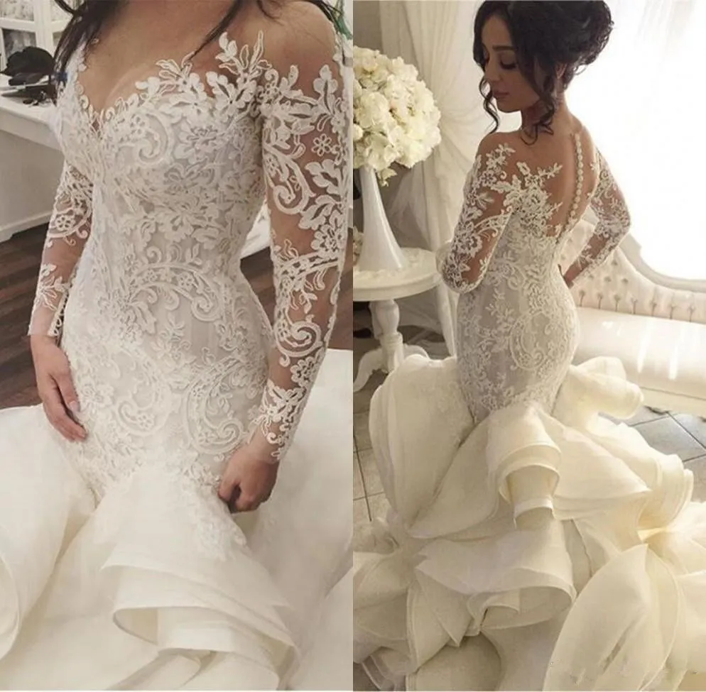 Yeni Vintage Lüks Mermaid Gelinlik Jewel Boyun Illusion Uzun Kollu Dantel Aplikler Ruffles Şapel Tren Vestidos Özel Gelinlikler