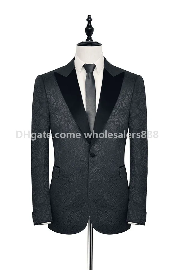 Custom Made Groomsmen Czarny Wzór Groom Tuxedos Peak Satin Lapel Mężczyźni Garnitury Side Vent Wedding / Prom Best Man (Kurtka + Spodnie + Krawat) K980