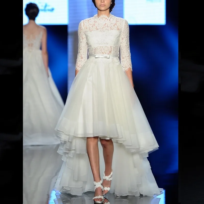 Vintage Ivory Lace High Neck wedding dress with Sheer High Neck and 3/4 Sleeves - Perfect for Beach or A-Line Bridal Gowns
