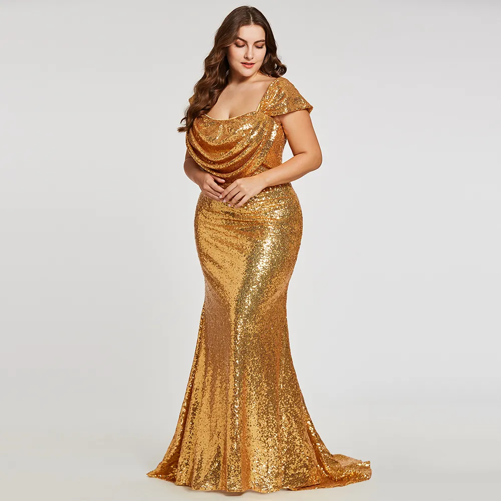 Abiti da sera a sirena con paillettes dorati scintillanti plus size festa di ballo con cerniera e maniche ad aletta Indossa abiti da sera con paillettes abito formale