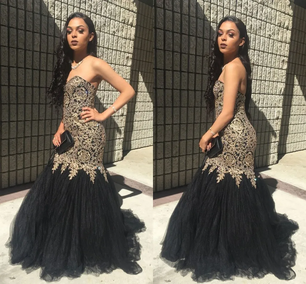 Sexy Mermaid Prom Dresses Sweetheart Appliques Lace Gold Black African Party Dresses Formal Evening Gowns Zipper Up Floor Length