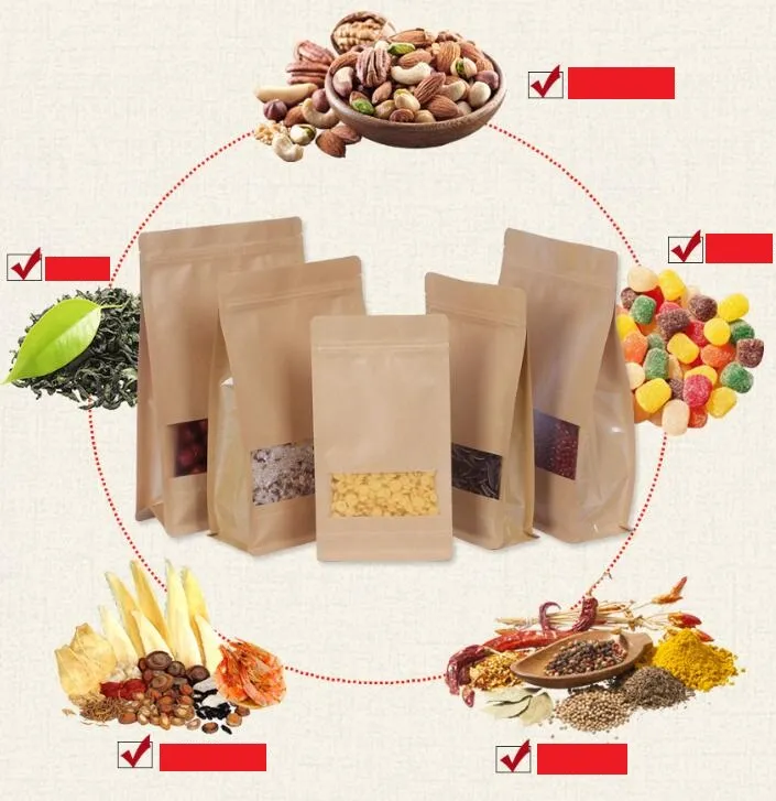 曇らされたオープンウィンドウクラフト紙袋大容量安全食品パッキングバッグクリアドライフルーツ包装袋はジッパーバルブバッグを立てます
