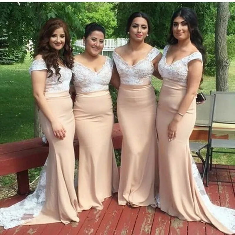 Plus Size Off The Shoulder Mermaid Bridesmaid Dresses Long 2017 Elegant White Lace Light Peach Chiffon Maid Of Honor Gown EN12126