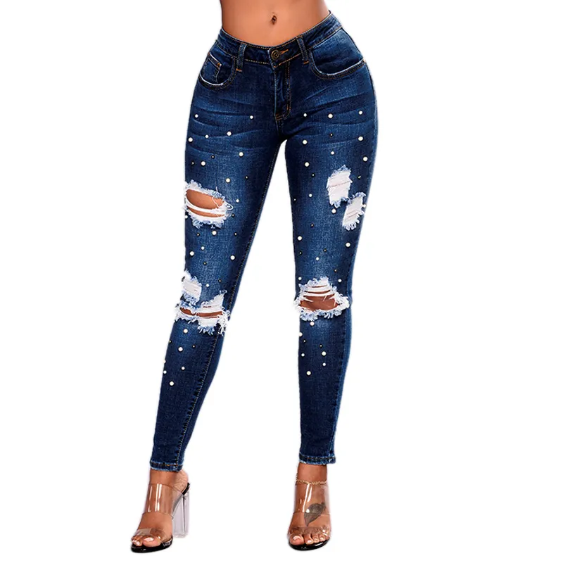 Eas-Spring Autumn Broderade Slim Skinny Jeans Kvinnor Fashion Hollow Out Hole Rippade Byxor Tryck upp Hög Midja Denim (Blå)