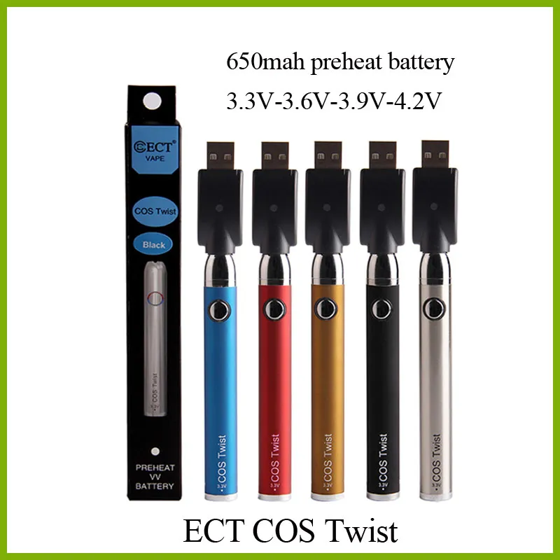 ECT COS Twist Preheating Battery 650mah 510 Thread e cigarette Variable Voltage 4 grades VV Preheat Battery For Thick oil atomizer