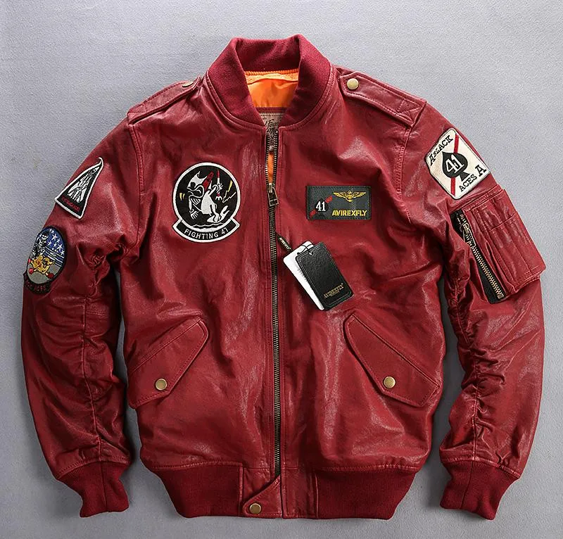 Red Genuine Leather Bomber Jacket with Applique Patches Flight Jacket for Men Flocking Sheepskin Leather