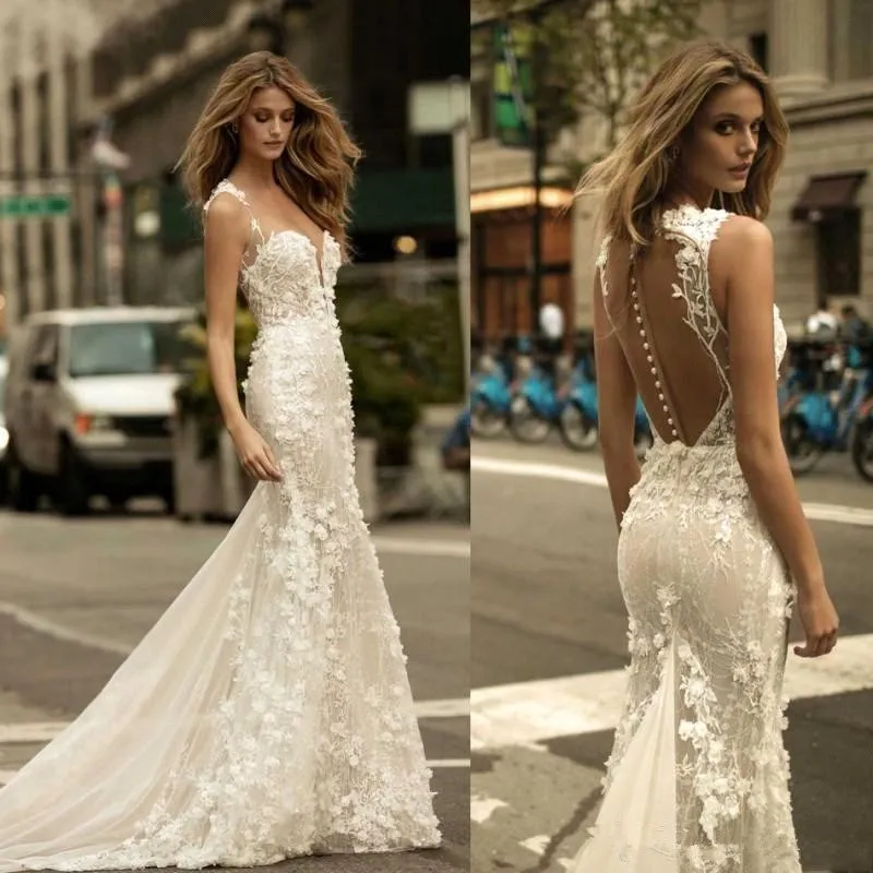 Berta Sheer Mesh Top Lace Mermaid Wedding Dresses Tulle Applique 3D Floral Wedding Bridal Gowns With Buttons BA9306