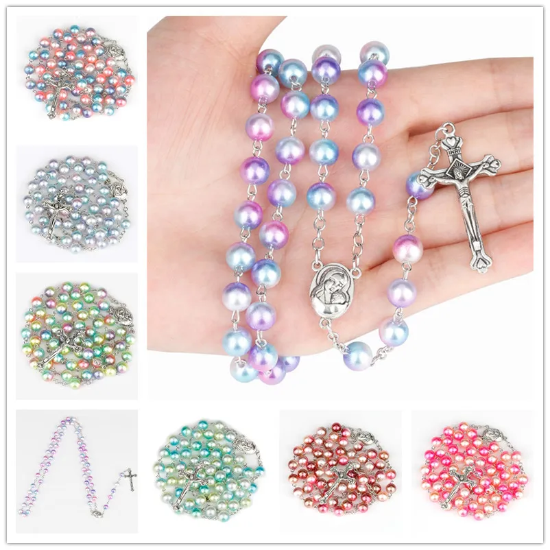 12 couleurs 8mm dégradé Imitation perle perle saint chapelets collier avec Crucifix croix chapelet colliers