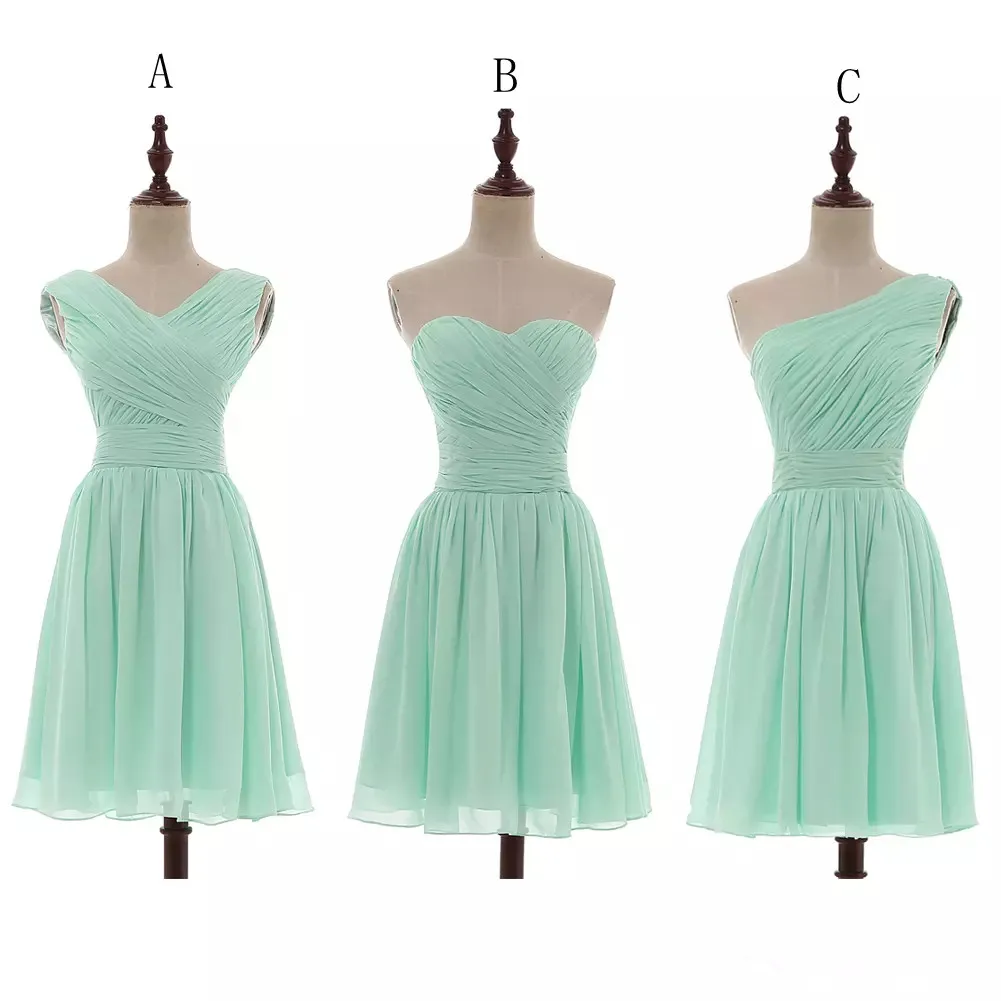 Chiffon Short Bridesmaid Dresses Mint Green 2019 knä längd boll klänning party klänningar spetsar upp land brudtärna klänningar