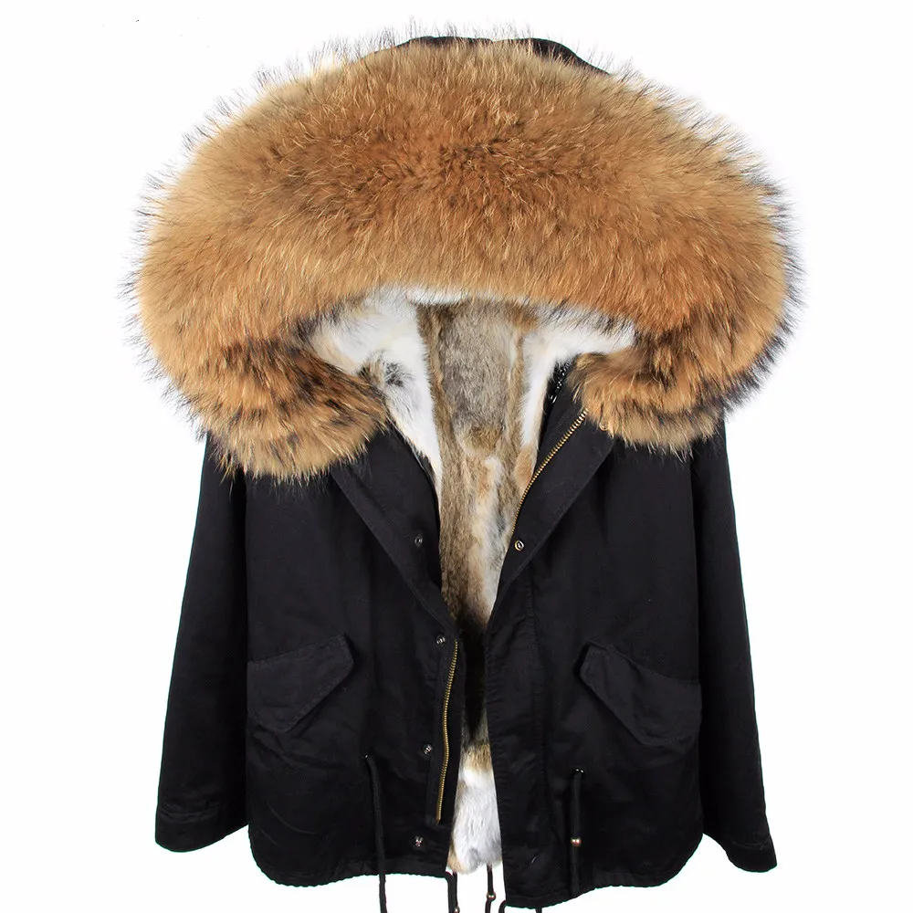 Yeni Parkas Kış Ceket Kadınları Ceket Doğal Gerçek Rakun Kürk Yaka Kaput Tavşan Kürk Astar Çıkarılabilir Dış Giyim Kalın