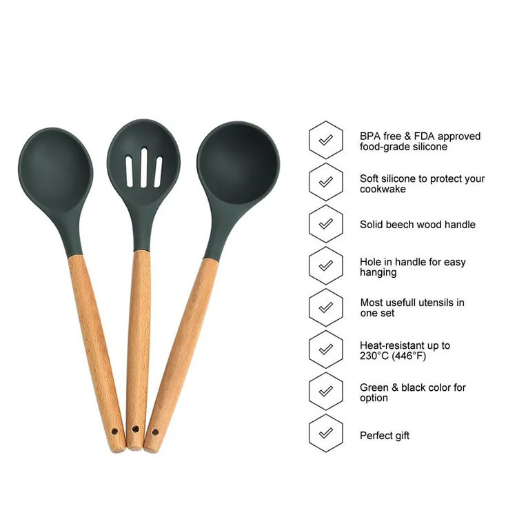 Nouveaux ustensiles de cuisine en silicone avec manche en bois pour la cuisine spatule à fente spatule cuillère louche spaghetti outils ensembles de cuisine 100 ensembles IB691
