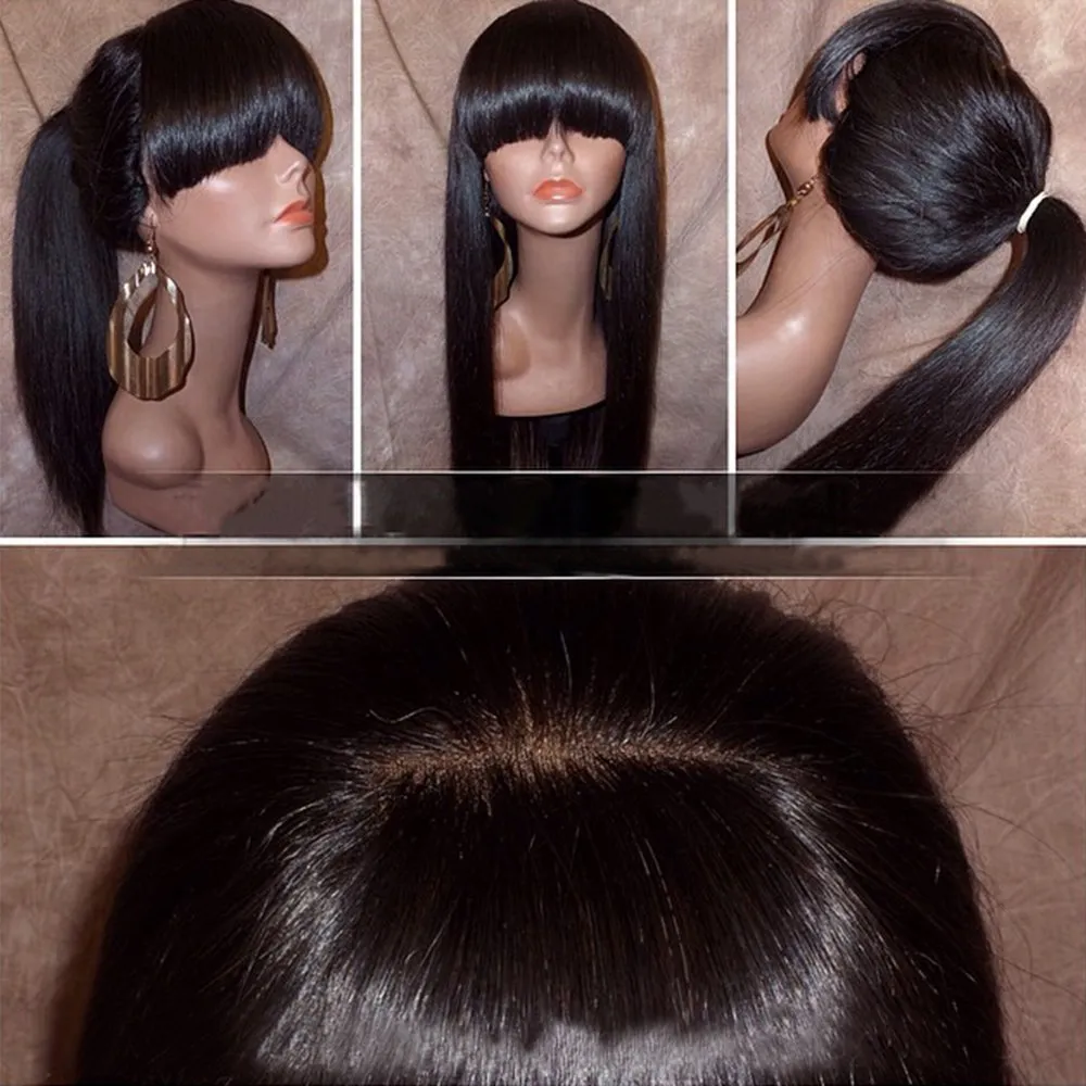 Silky Straight Lace Front Wig with Full Bangs Ponytail Brazilian Virgin Human Hair Full Lace Wigs for Women Natural Color