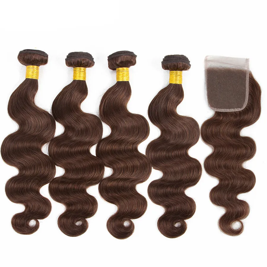 Médio Cabelo Humano Marrom Tece Com Fechamento de Rendas Onda Do Corpo de Chocolate Brown Extensão Do Cabelo Com Fecho de Renda 4x4 Parte Livre