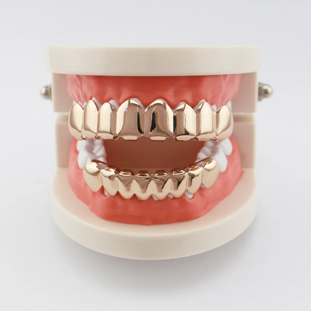 Hiphop grill Jewelryclassic Smooth Gold Sier Rose Plated Teeth Grillz Top Bottom Faux Dental Tooth Braces Grills Men Lady Hip Hop Rapper Body
