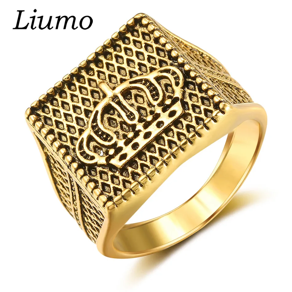 Liumo Hip Hop Style Gold Color Crown Men Ring LR406