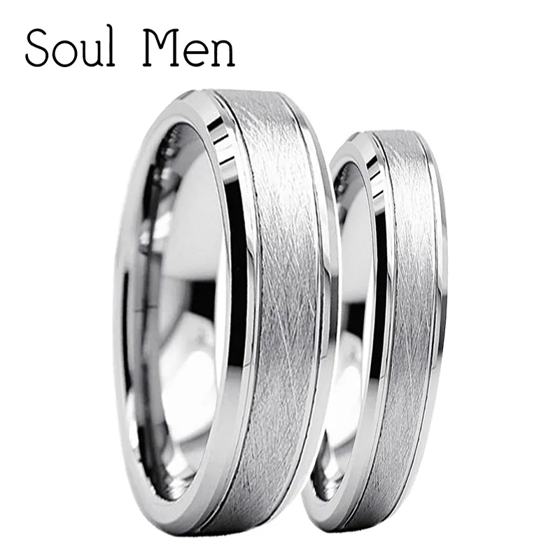 Själ män hans hennes silverfärg volfram karbid bröllop engagemang band stiliga par ringar set 6mm för män 4mm för kvinnor