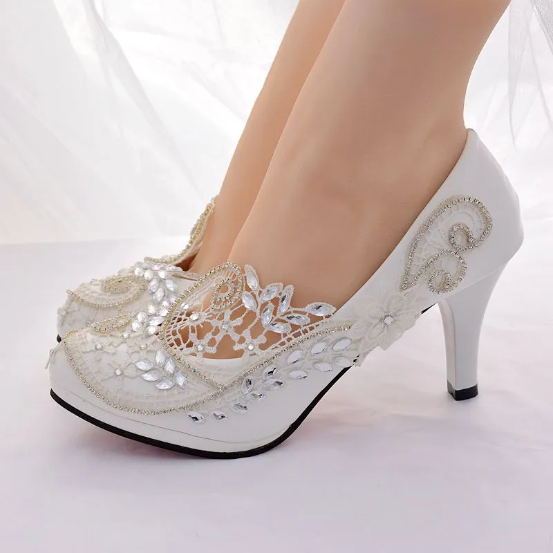 Luxury Crystal Wedding Shoes Woman Pumps 8Cm High Heels White Low Heels Party Bridal Shoes Pump Ladies