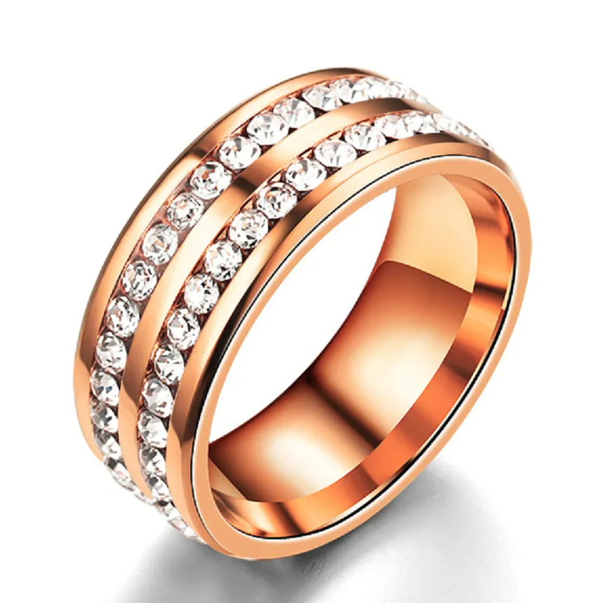 2018 Nieuwe Mode heren Ring Zwart Kristal Ring Titanium Staal Volledige Boor Dubbele Rij Cirkel Diamanten Bruiloft Ring292w