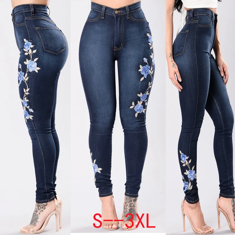 New women jeans Fashion designer embroidered stretch denim skinny jeans plus size women s clothing sexy feet pants womens