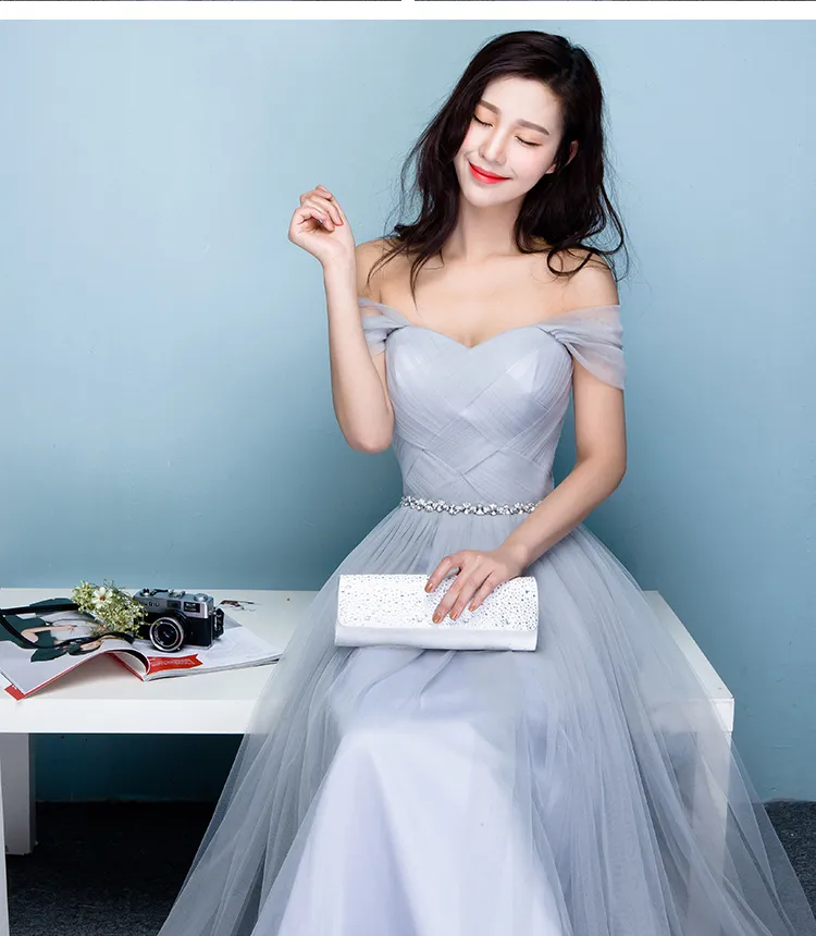 Off-Shoulder Silver Grey Grey Bridesmaid Dresses Long with Shining Sash - Floor Length Wedding Party Dress for Plus Size Women - Customizable