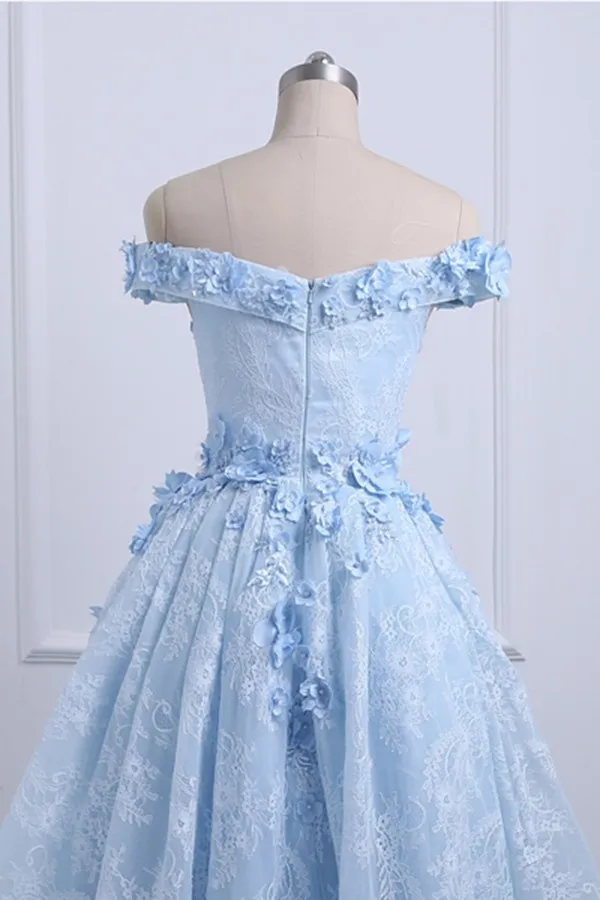 2019 High Low Prom Dress Baby Blue Off The Shoulder Simpmetlical Prom Dress