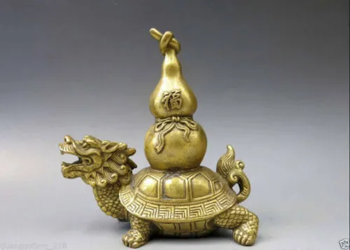 Statue chinoise en laiton et cuivre, bouteille Fengshui, gourde, calebasse, tortue Dragon