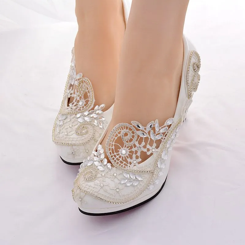 Luxe Crystal Trouwschoenen Vrouw Pompen 8cm Hoge Hakken Witte Lage Hakken Party Bruids Schoenen Pomp Dames